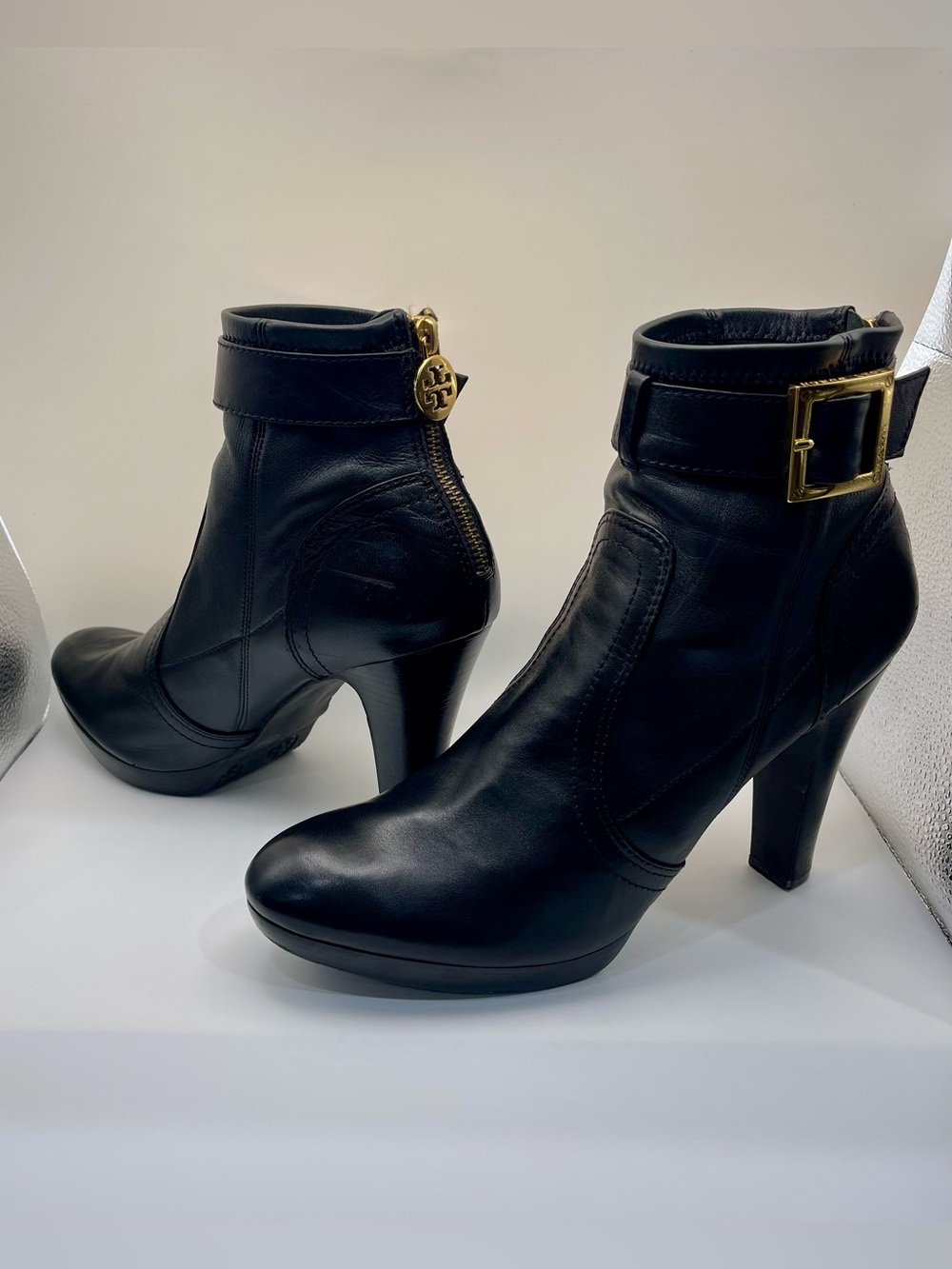 Tory Burch Melrose Black Leather Ankle Boots with Gold Buckle & Logo Zippers 11